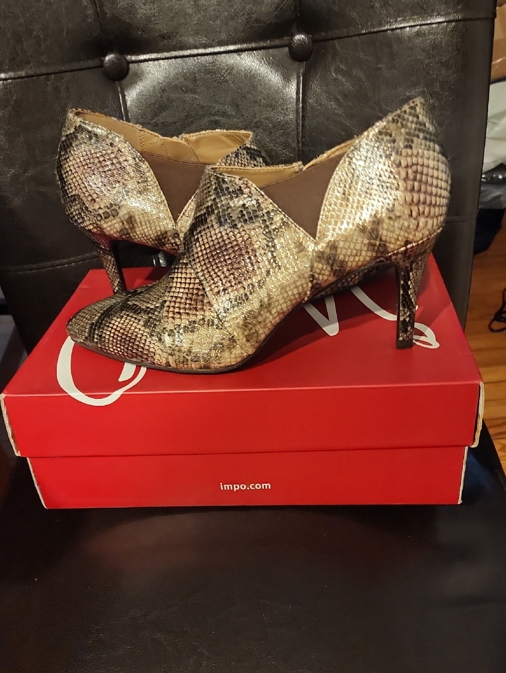 Impo Snake-Print Pointed Toe Stiletto in Brown & Cream